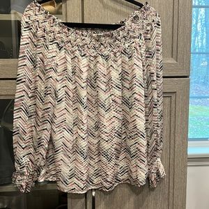 Off shoulder, pink multi colored, fully lined, long sleeve blouse